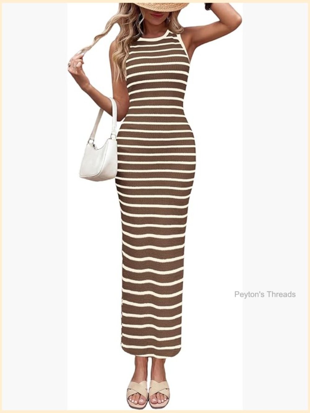 Striped Knit Bodycon Maxi Dress with Side Slit Summer Beach Vacation - Picture 1 of 7